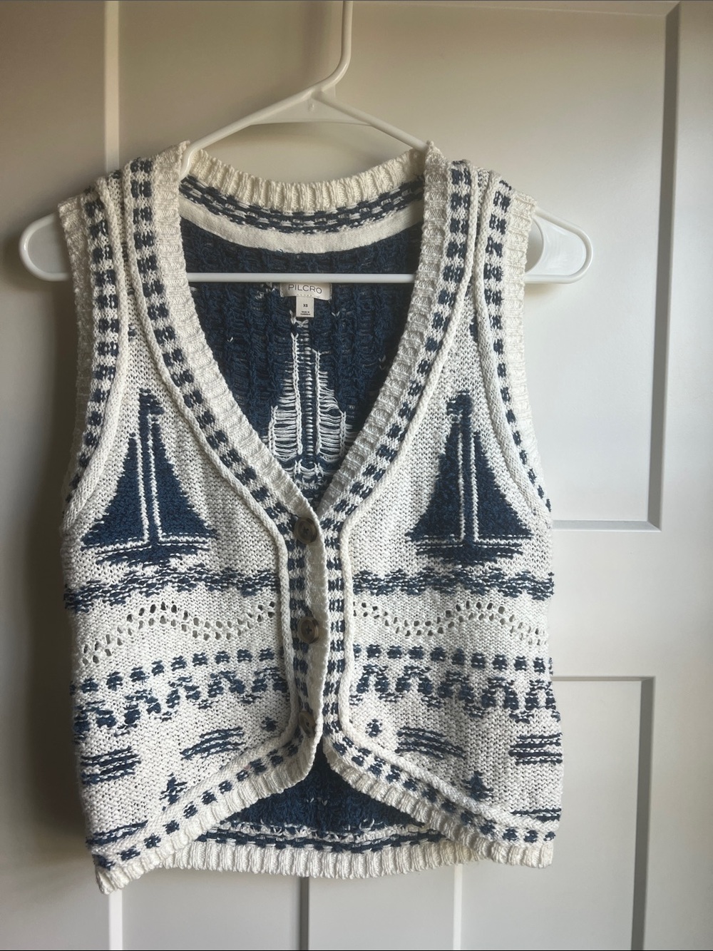 Pilcro White and Navy Sailboat Knit Vest
